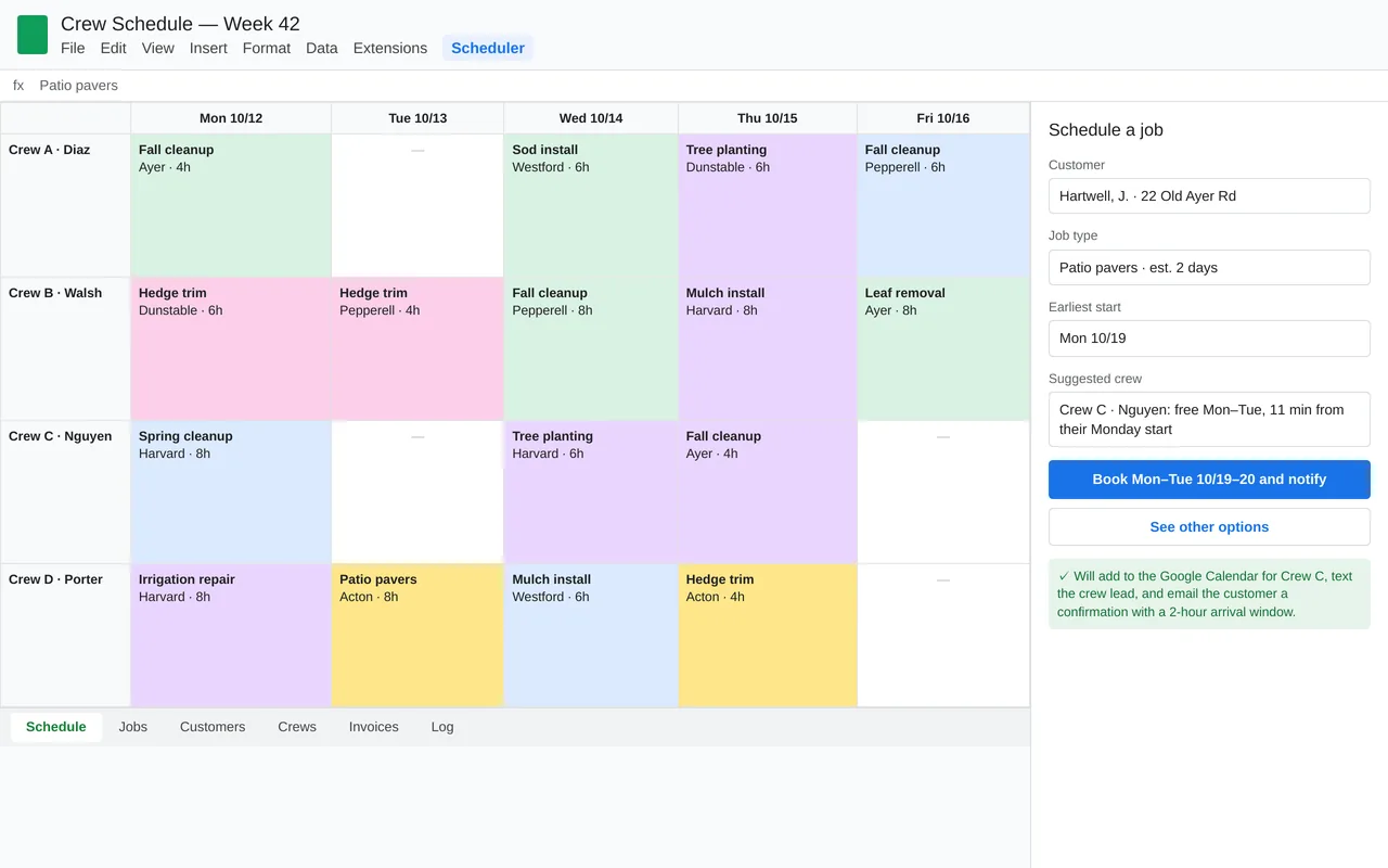 Crew scheduling in Google Sheets for a landscaping company (Apps Script)