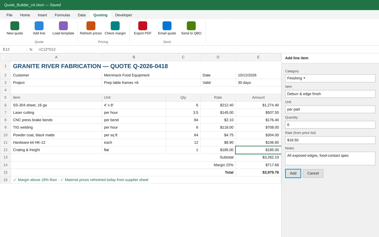Excel quoting tool for a metal fabrication shop (VBA)