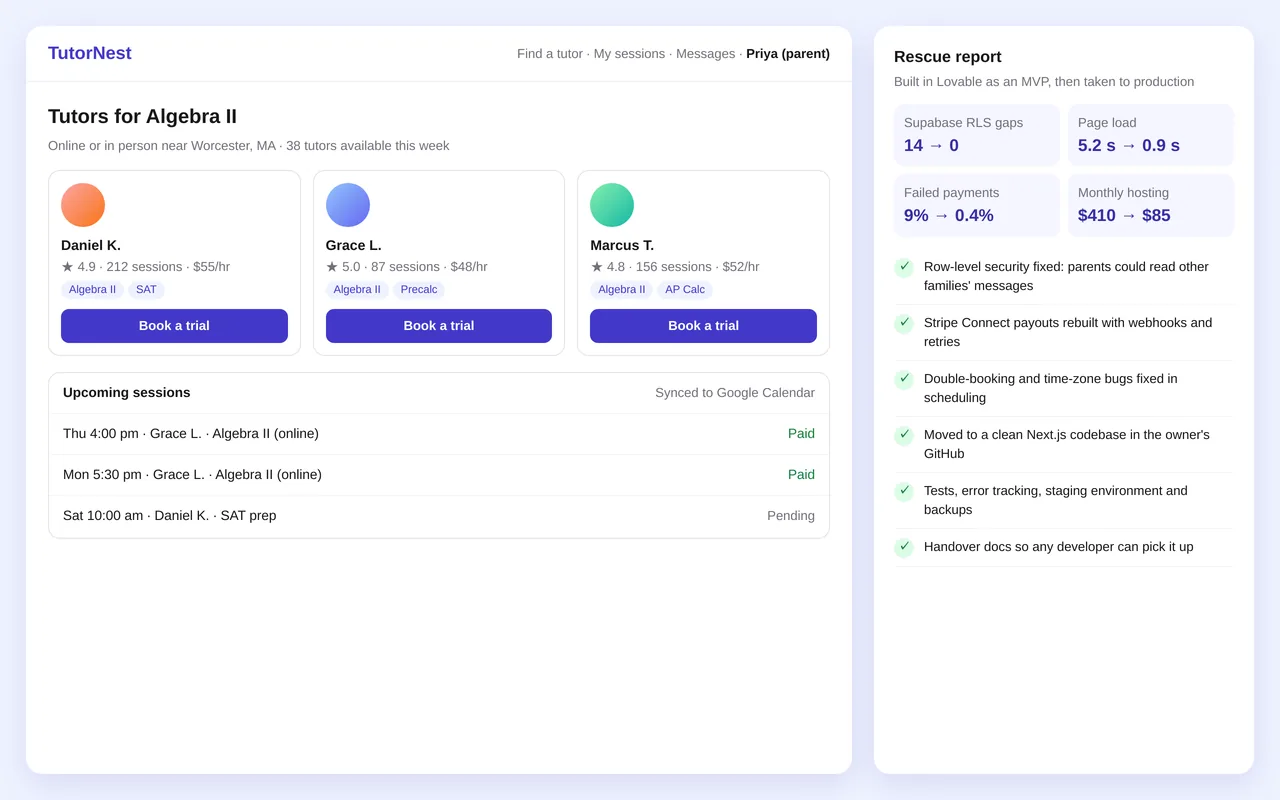 Rescuing a Lovable-built tutoring marketplace and taking it to production