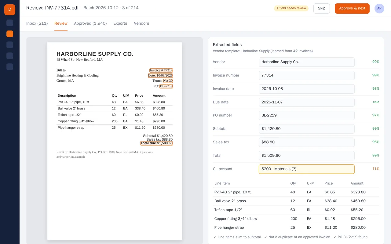 Supplier invoice extraction for an accounts-payable team (PDF to structured data)