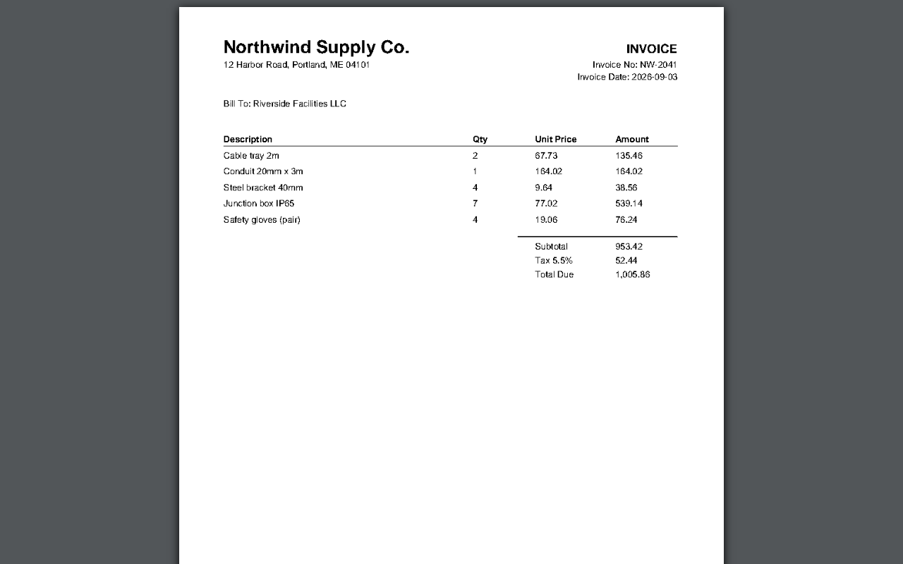Invoice PDFs to Excel